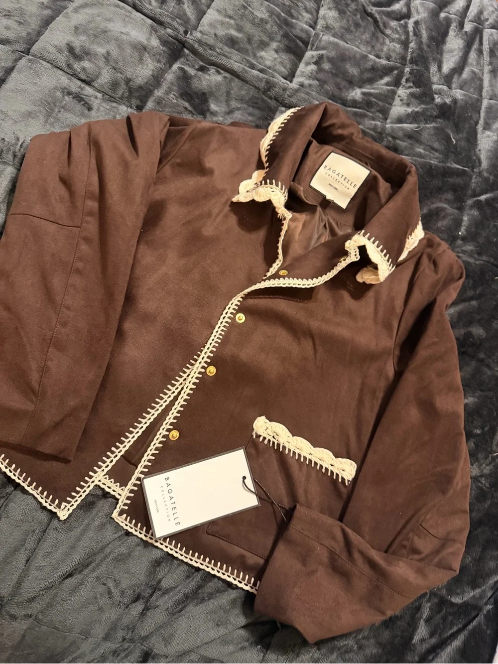Bagatelle Collection Brown Suede Crochet Trim Button Collared Jacket Size M - Picture 5 of 5